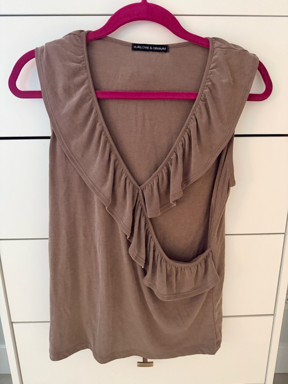 Harlowe & Graham Women's Taupe Ruffle V-Neck Tank- size M